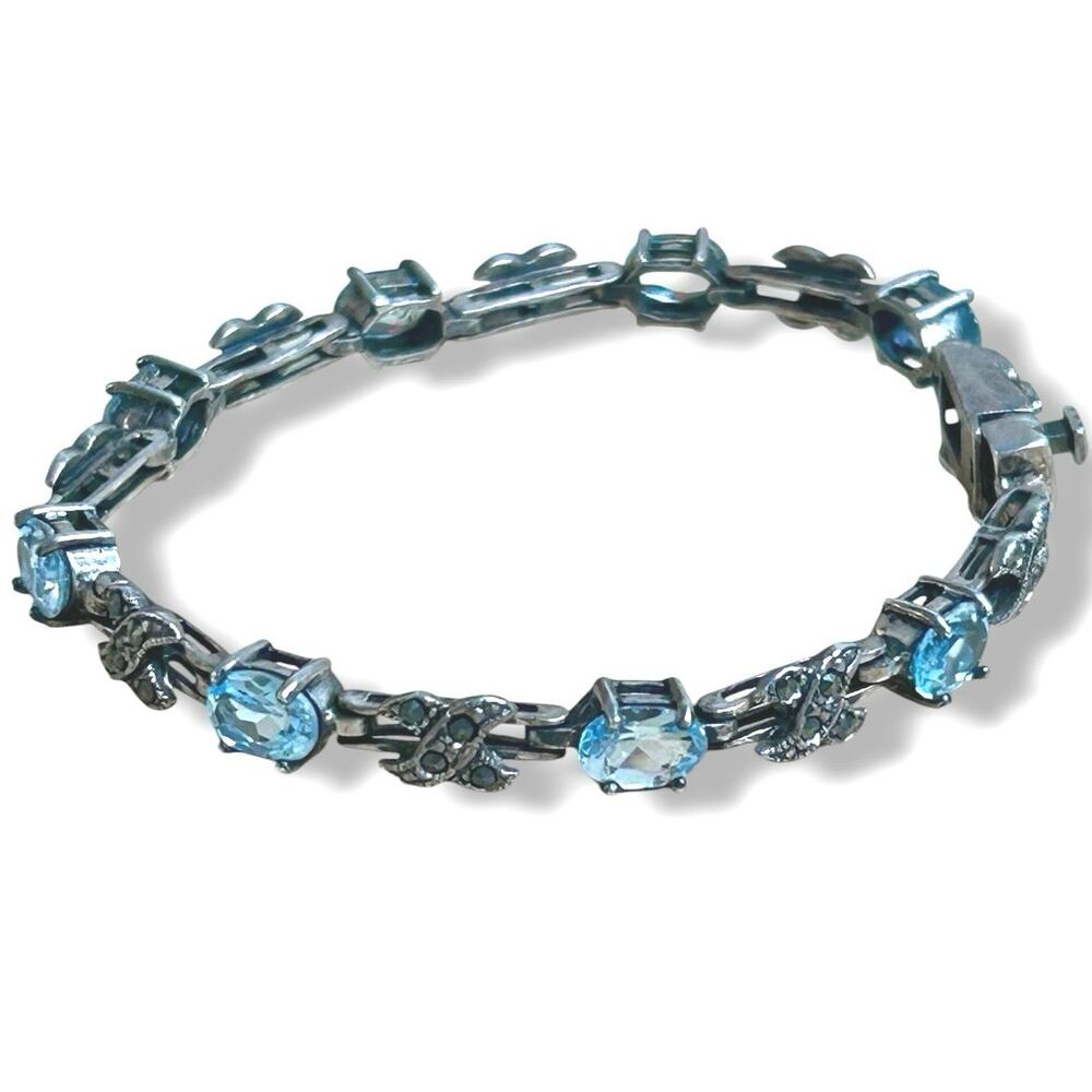 Vintage FAS 925 Tennis Bracelet Light Blue Stones Marcasite Art Deco Style 7”